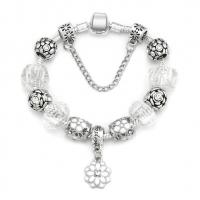 Zinc Alloy European Bracelets, with Crystal, Flower, antique silver color plated & snake chain & for woman & enamel, white 