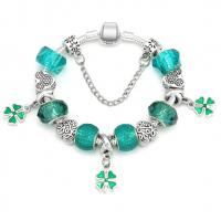 Zinc Alloy European Bracelets, with Crystal, Four Leaf Clover, antique silver color plated & snake chain & for woman & enamel, green 