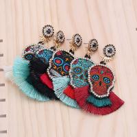 Resin Drop Earring, with Cotton Thread, Skull, for woman & with rhinestone 93mm 