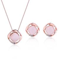 Rhinestone Zinc Alloy Jewelry Set, earring & necklace, with Cats Eye, with 5cm extender chain, rose gold color plated, snake chain & for woman & with rhinestone  Approx 17.72 Inch 