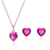 Fashion Zinc Alloy Jewelry Sets, Stud Earring & necklace, with Crystal, with 5cm extender chain, Heart, rose gold color plated, oval chain & for woman, pink  Approx 17.72 Inch 