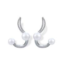 Rhinestone Brass Stud Earring, with ABS Plastic Pearl, silver color plated, for woman & with rhinestone 