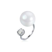 Кубическое цирконовое латунное кольцо, Латунь, с жемчуг, плакирован серебром, Мужская & с кубическим цирконием, 15mm, размер:9, продается PC