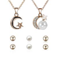 Cubic Zirconia Zinc Alloy Jewelry Sets, Stud Earring & necklace, with ABS Plastic Pearl, with 5cm extender chain, Moon and Star, gold color plated, oval chain & micro pave cubic zirconia & for woman 8mm Approx 17.72 Inch 