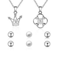 Cubic Zirconia Zinc Alloy Jewelry Sets, Stud Earring & necklace, with ABS Plastic Pearl, with 5cm extender chain, silver color plated, oval chain & micro pave cubic zirconia & for woman  8mm Approx 17.72 Inch 