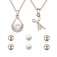 Rhinestone Zinc Alloy Jewelry Set, Stud Earring & necklace, with ABS Plastic Pearl, with 5cm extender chain, gold color plated, oval chain & for woman & with rhinestone  8mm Approx 16.93 Inch 