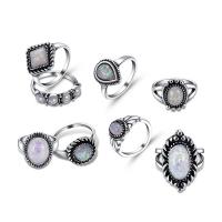 Zinc Set anillo de aleación, aleación de zinc, brazale & anillo de dedo & pulsera, con Ópalo, chapado en color de plata, 8 piezas & Vintage & para mujer, tamaño:5.5-9.5, 8PCs/Set, Vendido por Set