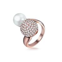 Cubic Zirconia Micro Pave Brass Finger Ring, with ABS Plastic Pearl, rose gold color plated, micro pave cubic zirconia & for woman, US Ring 