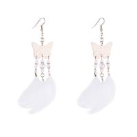 Zinc Alloy Tassel Earring, with Glass Beads & Feather, real gold plated, for woman 117mm 