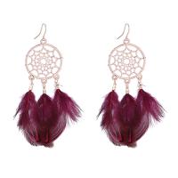 Zinc Alloy Dream Catcher Earring, with Feather, real gold plated, for woman 91mm 