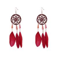 Zinc Alloy Dream Catcher Earring, with Feather & Nylon Cord, real gold plated, for woman 120mm 