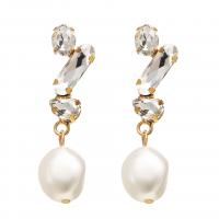 Kunststoff Perle Zink Legierung Ohrring, Zinklegierung, mit Kunststoff Perlen, für Frau & mit Strass, weiß, 13x45mm, verkauft von Paar