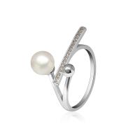 Rhinestone Brass Finger Ring, with ABS Plastic Pearl, silver color plated & for woman & with rhinestone, 7mm 