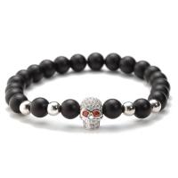 Glass Jewelry Beads Bracelets, Brass, with Glass, Skull, plated, Unisex & micro pave cubic zirconia 8mm Approx 7.09 Inch 