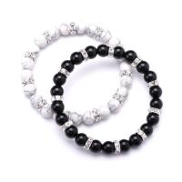 Gemstone Bracelets, with Howlite & Black Agate, plated, 2 pieces & Unisex & with rhinestone .4 Inch 