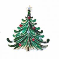 Zinc Alloy Brooch, Christmas Tree, gold color plated, for woman & enamel & with rhinestone, green, 44mm 
