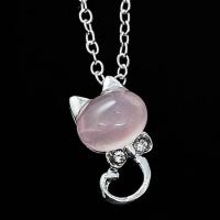 Rhinestone Zinc Alloy Necklace, with Rose Quartz, with 4cm extender chain, Cat, platinum color plated, oval chain & for woman & with rhinestone Approx 15.75 Inch 