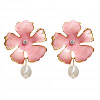 Plastic Pearl Zinc Alloy Earring, with Plastic Pearl & enamel, Flower, for woman & with rhinestone, pink 