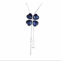 Zinc Alloy Sweater Chain Necklace, with ABS Plastic Pearl & Crystal, Four Leaf Clover, silver color plated, snake chain & for woman, blue Approx 27.56 Inch 