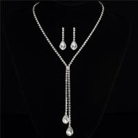 Brass Jewelry Set, earring & necklace, silver color plated, for woman & with rhinestone 105mm Approx 22.04 Inch 