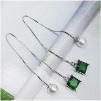 Zinc Alloy Thread Through Earrings, with ABS Plastic Pearl & Cubic Zirconia, Square, silver color plated, Korean style & for woman 160mm 