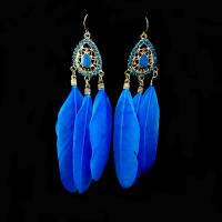 Zinc Alloy Drop Earring, with Feather, gold color plated, for woman & with rhinestone, blue 