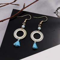 Zinc Alloy Tassel Earring, with Cotton Thread & Glass Beads, gold color plated, for woman & hollow, blue, 55mm 