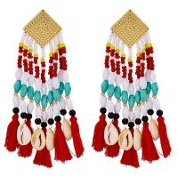 Zinc Alloy Tassel Earring, with Seedbead & Polyester & Shell & Plastic, zinc alloy post pin, gold color plated, Bohemian style & for woman 