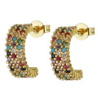 Brass Stud Earring, real gold plated, micro pave cubic zirconia & for woman 