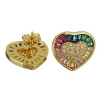 Brass Stud Earring, Heart, real gold plated, micro pave cubic zirconia & for woman 