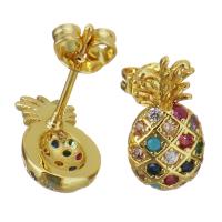 Brass Stud Earring, Pineapple, real gold plated, micro pave cubic zirconia & for woman 