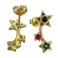 Brass Stud Earring, Star, real gold plated, micro pave cubic zirconia & for woman 