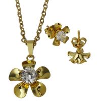 Cubic Zirconia Stainless Steel Jewelry Sets, Stud Earring & necklace, Flower, gold color plated, oval chain & for woman & with cubic zirconia 2mm Approx 19.5 Inch 