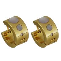 Stainless Steel Huggie Hoop Earring, with White Shell, gold color plated, for woman & with rhinestone 