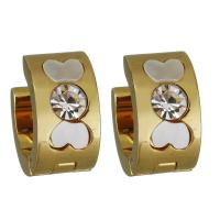 Stainless Steel Huggie Hoop Earring, with White Shell, gold color plated, for woman & with rhinestone 