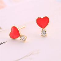 Sterling Silver Stud Earring, 925 Sterling Silver, Heart, platinum plated, micro pave cubic zirconia & for woman & enamel 
