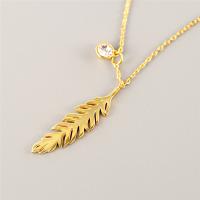 Cubic Zircon Micro Pave Sterling Silver Necklace, 925 Sterling Silver, Feather, 18K gold plated, micro pave cubic zirconia & for woman, 46+5cmuff0c2.4cm 