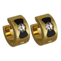 Stainless Steel Huggie Hoop Earring, with Black Shell, gold color plated, for woman & with rhinestone 