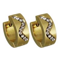 Stainless Steel Huggie Hoop Earring, gold color plated, fashion jewelry & for woman & with rhinestone 