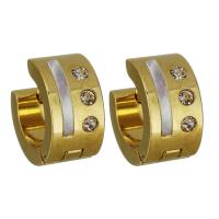 Stainless Steel Huggie Hoop Earring, with White Shell, gold color plated, fashion jewelry & for woman & with rhinestone 