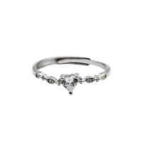 925 Sterling Silver Cuff Finger Ring, Heart, silver color plated, for woman & with rhinestone 4mm, US Ring .5-8 