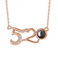 925 Sterling Silver Miniature Projection Necklace, with Glass, Number, plated, for woman & with rhinestone Approx 17.7 Inch 
