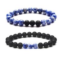 Gemstone Bracelets, Lava, with Blue Speckle Stone, plated, Unisex 8mm .4 Inch 