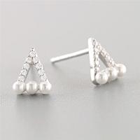 Sterling Silver Stud Earring, 925 Sterling Silver, with Plastic Pearl, Triangle, platinum plated, micro pave cubic zirconia & for woman 
