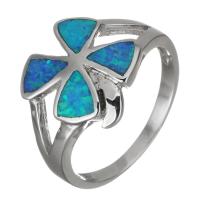Brass Finger Ring, with Opal, Four Leaf Clover, silver color plated, Unisex, 14mm, US Ring 