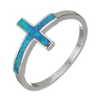 Brass Finger Ring, with Opal, Cross, silver color plated, Unisex, 10.5mm, US Ring 