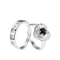 925 Sterling Silver Couple Ring, with Glass, platinum plated, Adjustable & open & with rhinestone 