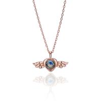 925 Sterling Silver Miniature Projection Necklace, with Glass, Winged Heart, rose gold color plated, for woman Approx 17.7 Inch 