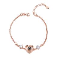 925 Sterling Silver Miniature Projection Bracelet, with Glass, 18K rose gold plated, for woman & with rhinestone, 13mm Approx 7.9 Inch 