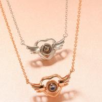 925 Sterling Silver Miniature Projection Necklace, with Glass, Winged Heart, plated, for woman & hollow Approx 17.7 Inch 